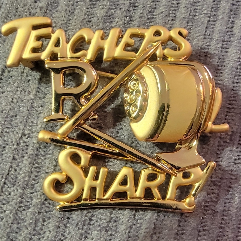 Vintage Signed AJC Teachers R Sharp School pencil sharpener brooch pin.